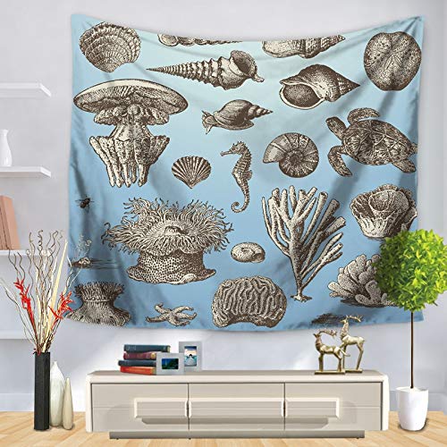 KHKJ Tapiz de Animales Marinos Tortuga tiburón delfín Pulpo Estrella de mar Caballito de mar Decorativo Colgante de Pared en océano Azul A1 95x73cm