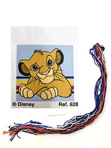 Kit medio punto con dibujos de Disney - El Rey León. Punto de cruz manualidad DIY para niños, incluye cañamazo e hilos de colores según estampado. Lienzo de 18 x 15 cm.