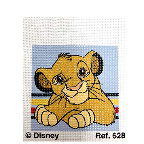 Kit medio punto con dibujos de Disney - El Rey León. Punto de cruz manualidad DIY para niños, incluye cañamazo e hilos de colores según estampado. Lienzo de 18 x 15 cm.