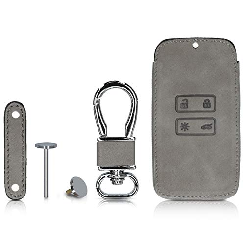 kwmobile Funda Compatible con Renault Llave de Coche Smart Key de 4 Botones (Solo Keyless Go) - Case de Piel de Nobuck sintética para Mando de Coche - Flor Pintada Gris