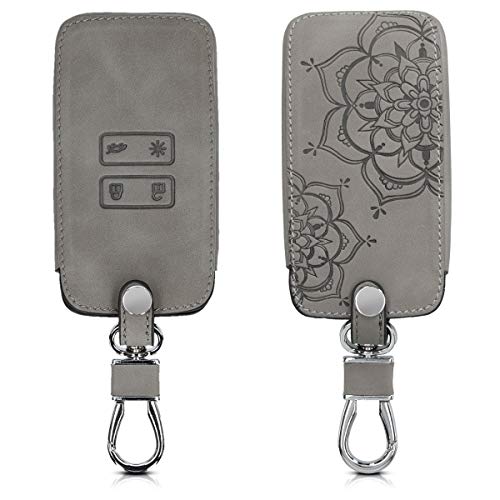 kwmobile Funda Compatible con Renault Llave de Coche Smart Key de 4 Botones (Solo Keyless Go) - Case de Piel de Nobuck sintética para Mando de Coche - Flor Pintada Gris