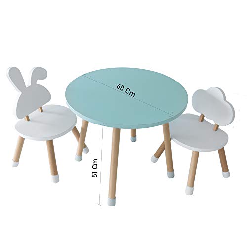 KYWAI-Juego de Mesa y Dos sillas Infantiles Muebles para niños De Madera Color Blanco Mesa pequeña Redonda Estilo nordico Escritorio Infantil Dormitorio