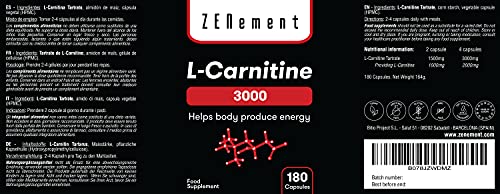 L-Carnitina | 180 cápsulas | Mejora el rendimiento deportivo y la metabolización eficiente de las grasas | Vegano, sin gluten