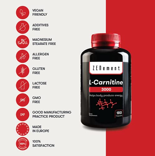 L-Carnitina | 180 cápsulas | Mejora el rendimiento deportivo y la metabolización eficiente de las grasas | Vegano, sin gluten