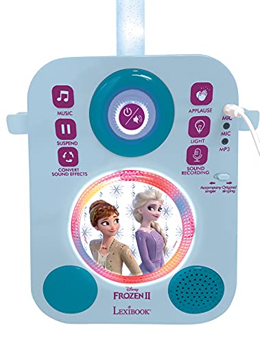 LEXIBOOK Disney Frozen Elsa Altaparlante Luminoso con 2 micrófonos, melodías de demostración, Enchufe MP3, Azul/Morado, Multicolor (K140FZ)
