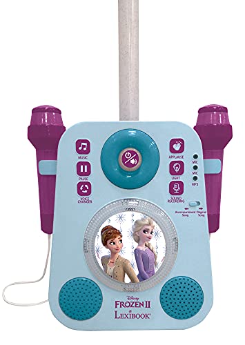 LEXIBOOK Disney Frozen Elsa Altaparlante Luminoso con 2 micrófonos, melodías de demostración, Enchufe MP3, Azul/Morado, Multicolor (K140FZ)
