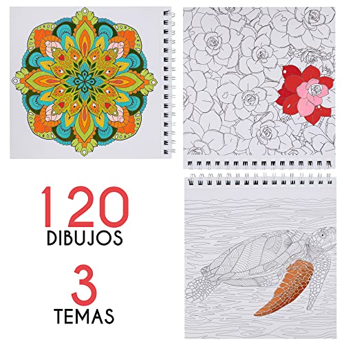 Lote de 3 Libros para Colorear: Animales, Mandalas, Flores - Libro Colorear Adultos con Espirales- Cuaderno de Mandalas Antiestrés - 120 dibujos de Alta Calidad para Colorear