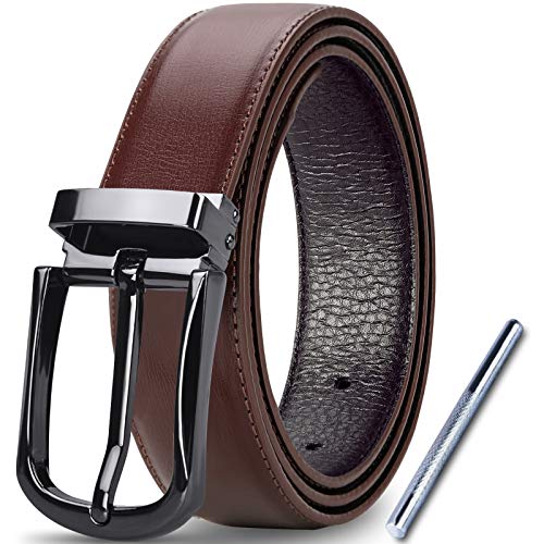 Lubardy Cinturon Hombre Cuero Cinturones Piel Jeans Cinturón Hombre 32mm Trabajo Clásico 115/125/135cm Negro Marron Rojo-Marrón con Caja de Regalo