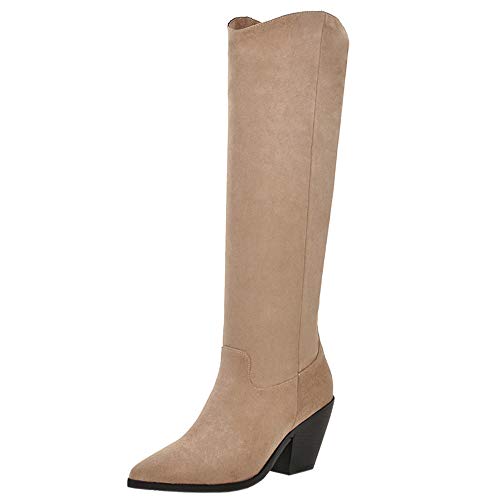 Lydee Mujer Clásico Western Boots Pull on Botas Altas Pointed Toe High Boots Riding Boots Tacon Ancho Apricot Talla 40