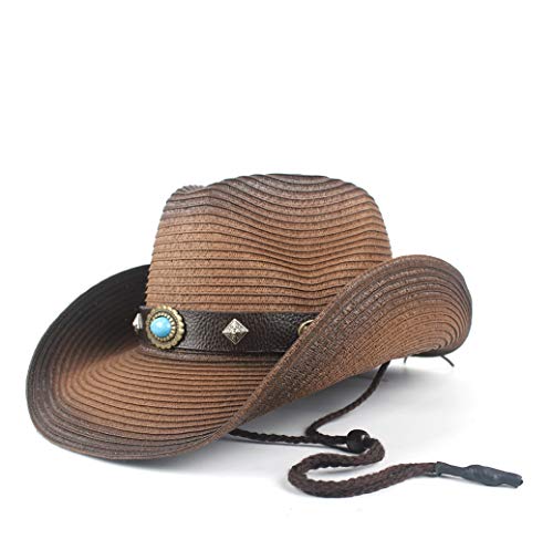 MADONG Western Cowboy Strew Sombreros de Verano de Paja Vaquera Traje de Fiesta Que Prensa Western Hat Sombrero Hombre Vaquero Sombreros for Hombres (Color : Café, tamaño : 56-58)