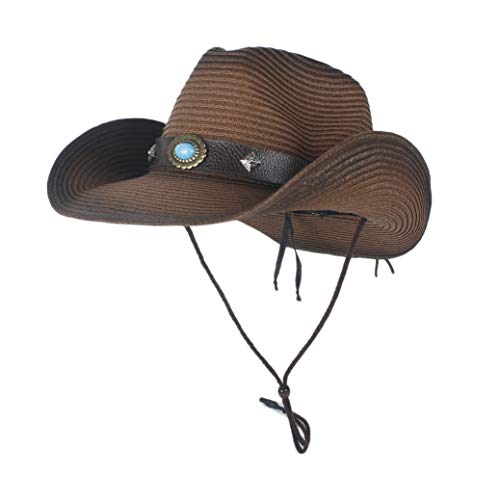 MADONG Western Cowboy Strew Sombreros de Verano de Paja Vaquera Traje de Fiesta Que Prensa Western Hat Sombrero Hombre Vaquero Sombreros for Hombres (Color : Café, tamaño : 56-58)