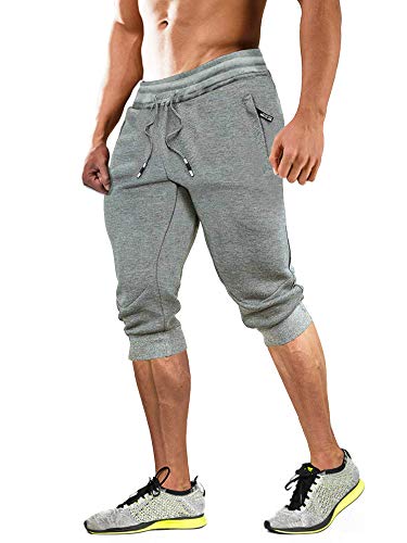 MAGCOMSEN Pantalones de deporte Capri para hombre, para verano, ligeros, de entrenamiento, cortos, cintura elástica, ajustados, pantalones de chándal para exterior, color gris claro, 38