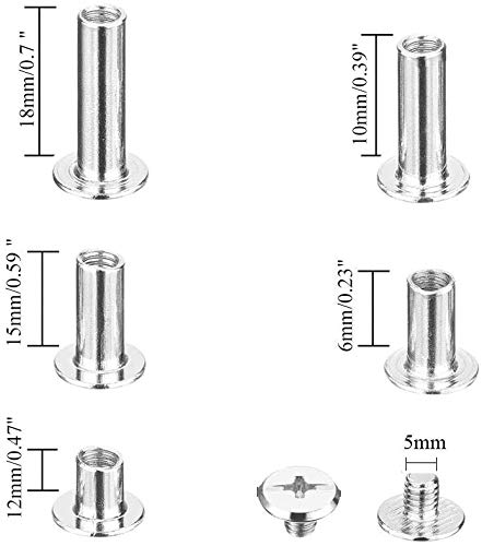 ManLee 80pcs Juego Tornillo de Cuero de Encuadernación Tornillo de Chicago Acero Niquelado Remache Tornillo Cabeza de Cruz Redondo Remaches para Cuero DIY Decoración - 6mm 10mm 12mm 15mm 18mm