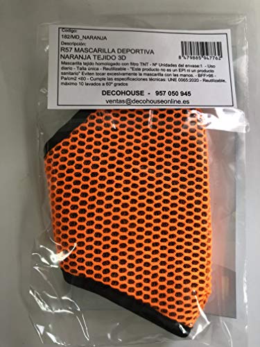 Mascarilla deportiva naranja tejido 3D homologada reutilizable producto español cómoda