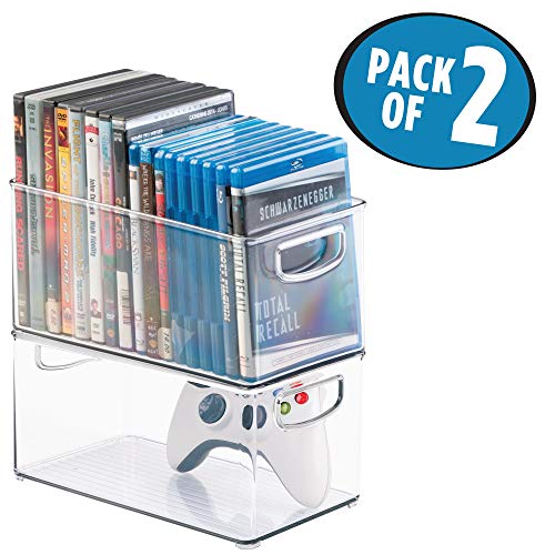 mDesign Juego de 2 cajas organizadoras para DVD, CD y videojuegos – Práctica caja para DVD con asa, fácil de transportar – Caja de plástico porta DVD para películas o juegos de consola – transparente