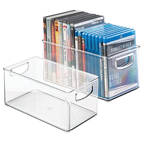 mDesign Juego de 2 cajas organizadoras para DVD, CD y videojuegos – Práctica caja para DVD con asa, fácil de transportar – Caja de plástico porta DVD para películas o juegos de consola – transparente