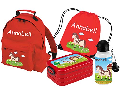 Mein Zwergenland Set de 5 Guardería Classic y Fiambrera Mepal con Bento Caja y Tenedor, Bolsa de Gimnasio + Botella con Nombre Rojo - Caballo, Set 5: Rucksack, Brotdose, Flasche, Turnbeutel