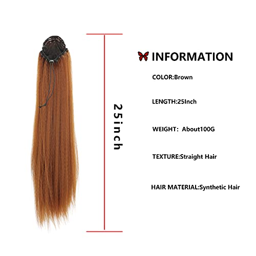 MEIRIYFA Extensión de cola de caballo recta de 25 pulgadas con cordón largo, extensiones de pelo sintético resistente al calor para mujeres y niñas (marrón)
