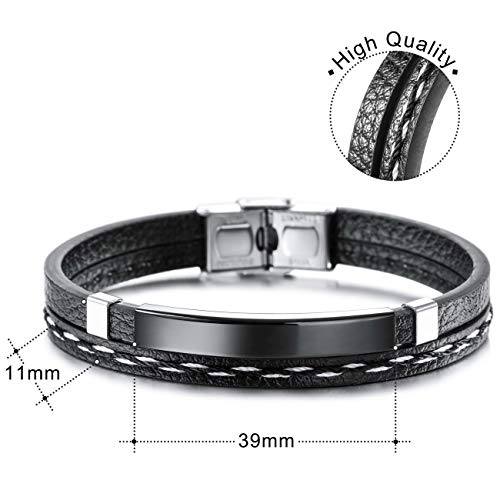 MeMeDIY Nombre Pulsera Pulseras Personalizadas para Mujeres Pulseras Personalizadas para Niños Hombres Niñas Acero Inoxidable Grabado de Cuero Genuino Brazalete Trenzado Ajustable (Negro Color)