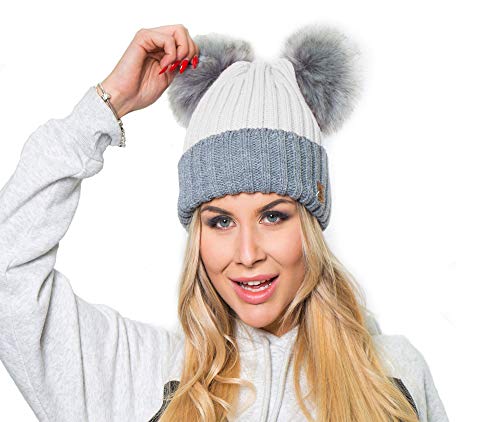 MFAZ Morefaz Ltd Mujer Gorro de Invierno Beanie Sombrero De Invierno Doble Pompón Esquí de Moda (Grey White)