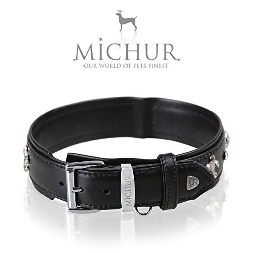 MICHUR Gala Collar de Cuero para Perros, Collar de Cuero para Perros, Collar, Negro, Cuero, con Lirios, pedrería y Cristal Grande, Disponible en Diferentes tamaños