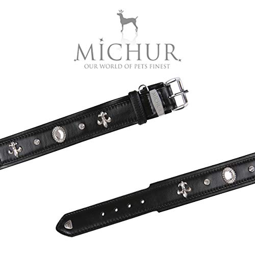 MICHUR Gala Collar de Cuero para Perros, Collar de Cuero para Perros, Collar, Negro, Cuero, con Lirios, pedrería y Cristal Grande, Disponible en Diferentes tamaños