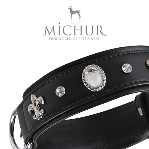 MICHUR Gala Collar de Cuero para Perros, Collar de Cuero para Perros, Collar, Negro, Cuero, con Lirios, pedrería y Cristal Grande, Disponible en Diferentes tamaños