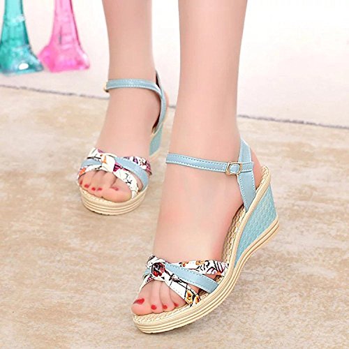 Minetom Mujer Verano Dulce Floral Cerrojo Sandalias Con Cuña Peep Toe Cabeza Pescado Zapatos De Tacón Alto Chancletas Zapatillas Azul EU 41