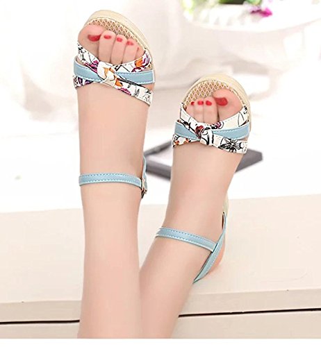 Minetom Mujer Verano Dulce Floral Cerrojo Sandalias Con Cuña Peep Toe Cabeza Pescado Zapatos De Tacón Alto Chancletas Zapatillas Azul EU 41