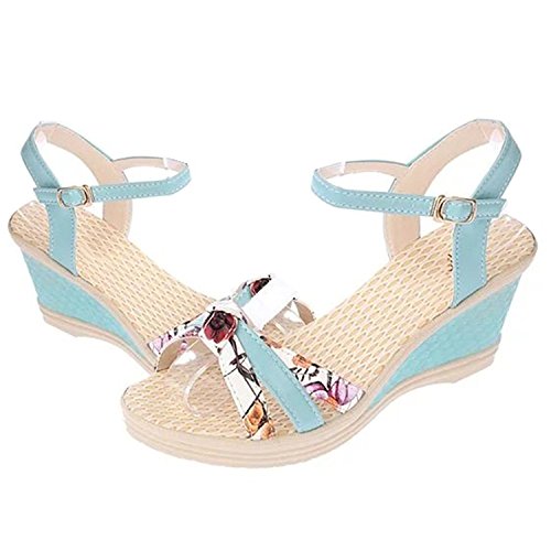 Minetom Mujer Verano Dulce Floral Cerrojo Sandalias Con Cuña Peep Toe Cabeza Pescado Zapatos De Tacón Alto Chancletas Zapatillas Azul EU 41