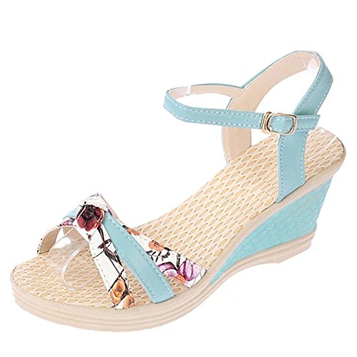 Minetom Mujer Verano Dulce Floral Cerrojo Sandalias Con Cuña Peep Toe Cabeza Pescado Zapatos De Tacón Alto Chancletas Zapatillas Azul EU 41