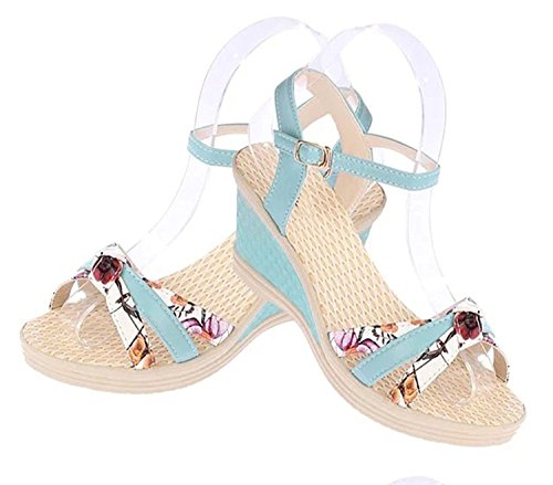 Minetom Mujer Verano Dulce Floral Cerrojo Sandalias Con Cuña Peep Toe Cabeza Pescado Zapatos De Tacón Alto Chancletas Zapatillas Azul EU 41