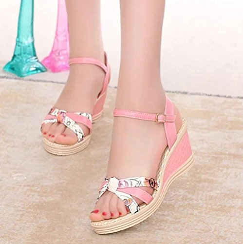 Minetom Mujer Verano Dulce Floral Cerrojo Sandalias Con Cuña Peep Toe Cabeza Pescado Zapatos De Tacón Alto Chancletas Zapatillas Rojo EU 39