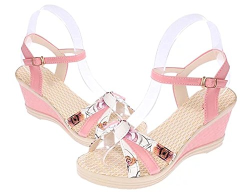 Minetom Mujer Verano Dulce Floral Cerrojo Sandalias Con Cuña Peep Toe Cabeza Pescado Zapatos De Tacón Alto Chancletas Zapatillas Rojo EU 39