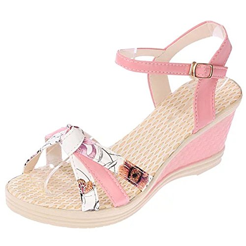 Minetom Mujer Verano Dulce Floral Cerrojo Sandalias Con Cuña Peep Toe Cabeza Pescado Zapatos De Tacón Alto Chancletas Zapatillas Rojo EU 39