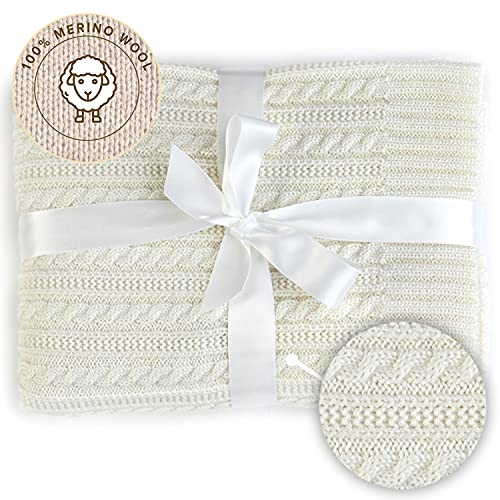 MIRARI - Manta de lana para bebé de punto de 100 % lana de merino, manta de punto de 75 x 100 cm, equipamiento básico para el hogar, manta cálida (crudo)