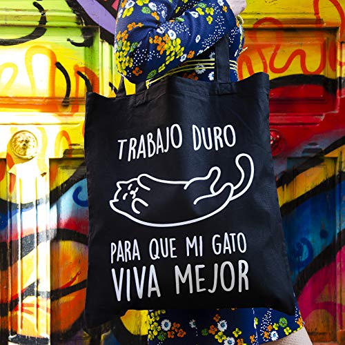 Miss MIserable Tote Bag Trabajo Duro para Que Mi Gato Viva Mejor Tote Bag De Algodón Orgánico, Unisex Adulto, Negro, Única