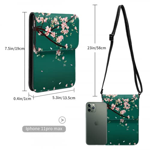 Monedero de cuero ligero para teléfono, pequeño bolso bandolera Mini bolso de hombro para teléfono celular para mujer, marco de acuarela Sakura flor de cerezo