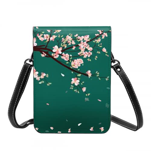 Monedero de cuero ligero para teléfono, pequeño bolso bandolera Mini bolso de hombro para teléfono celular para mujer, marco de acuarela Sakura flor de cerezo