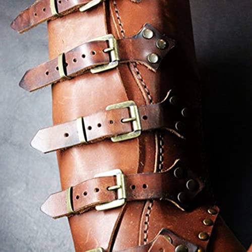 Mooke Polainas de Caballero Vikingo Medieval, Armadura de Pierna de Cuero grebas Ajustables Botas Zapatos Cubierta para Hombres y Mujeres, Disfraz de Cosplay renacentista Larp,Marrón