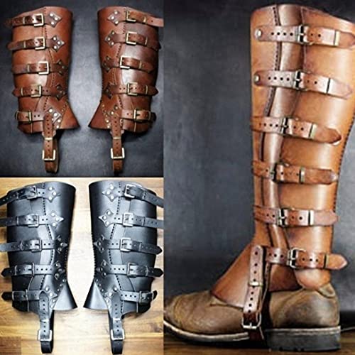 Mooke Polainas de Caballero Vikingo Medieval, Armadura de Pierna de Cuero grebas Ajustables Botas Zapatos Cubierta para Hombres y Mujeres, Disfraz de Cosplay renacentista Larp,Marrón