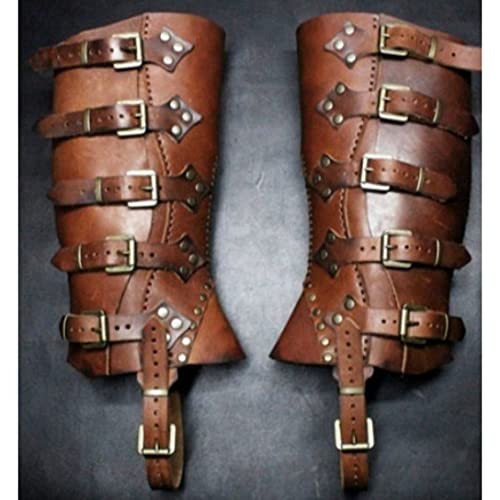 Mooke Polainas de Caballero Vikingo Medieval, Armadura de Pierna de Cuero grebas Ajustables Botas Zapatos Cubierta para Hombres y Mujeres, Disfraz de Cosplay renacentista Larp,Marrón