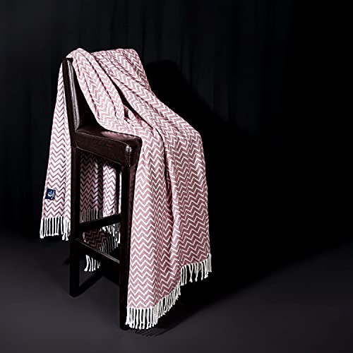 Moon Luxury - Manta de algodón (150 x 200 cm), diseño de zigzag, color blanco y rosa