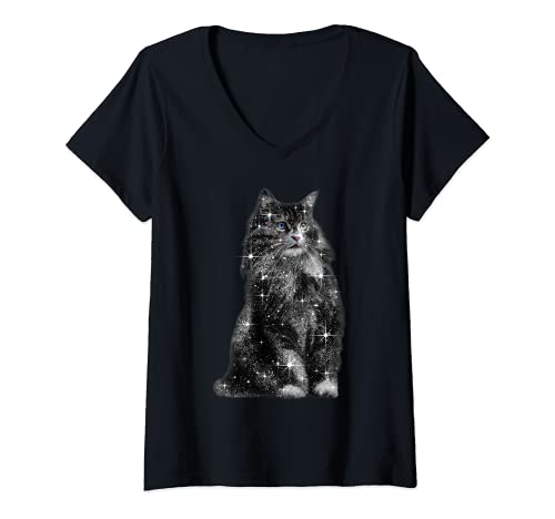 Mujer Adorable Gato Negro Sentado Camiseta Cuello V