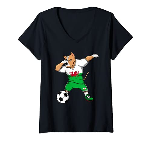 Mujer Dabbing Pitbull Perro Gales Fútbol Bandera Deporte Sport Camiseta Cuello V