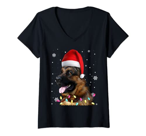 Mujer Navidad Pastor alemán Árbol de Navidad Papá Noel Sombrero Pastor Camiseta Cuello V