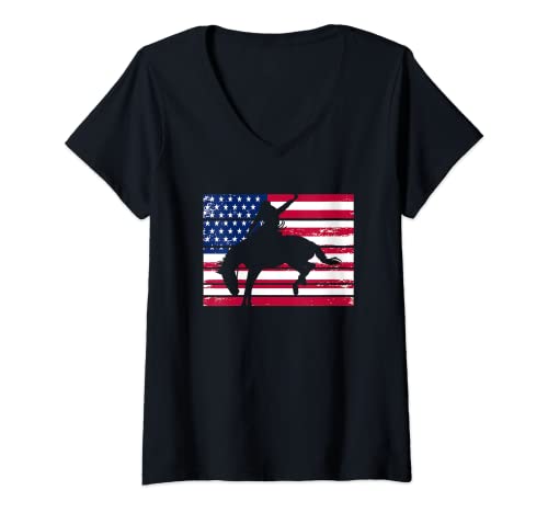 Mujer Vintage Bandera Americana Rodeo Grafico Equitación Vaquero EE.UU Camiseta Cuello V