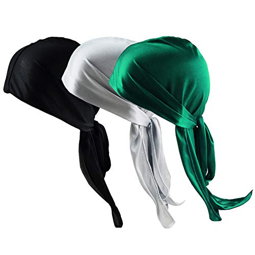 MUZI 3 pañuelos para la cabeza, sedosos, largos y anchos, turbante, de encaje elástico, para danza callejera, ciclismo al aire libre para hombres y mujeres Negro+gris+verde Talla única