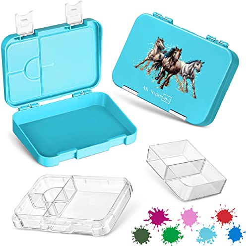 My Vesperbox Bento Box Niños - Fiambrera con 4 + 2 compartimentos - Extremadamente resistente - Fiambrera - Fiambrera ideal para la guardería y la escuela (azul claro - caballos)