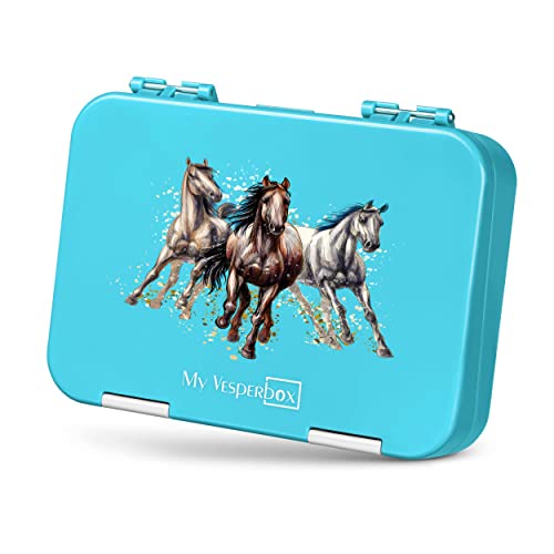 My Vesperbox Bento Box Niños - Fiambrera con 4 + 2 compartimentos - Extremadamente resistente - Fiambrera - Fiambrera ideal para la guardería y la escuela (azul claro - caballos)